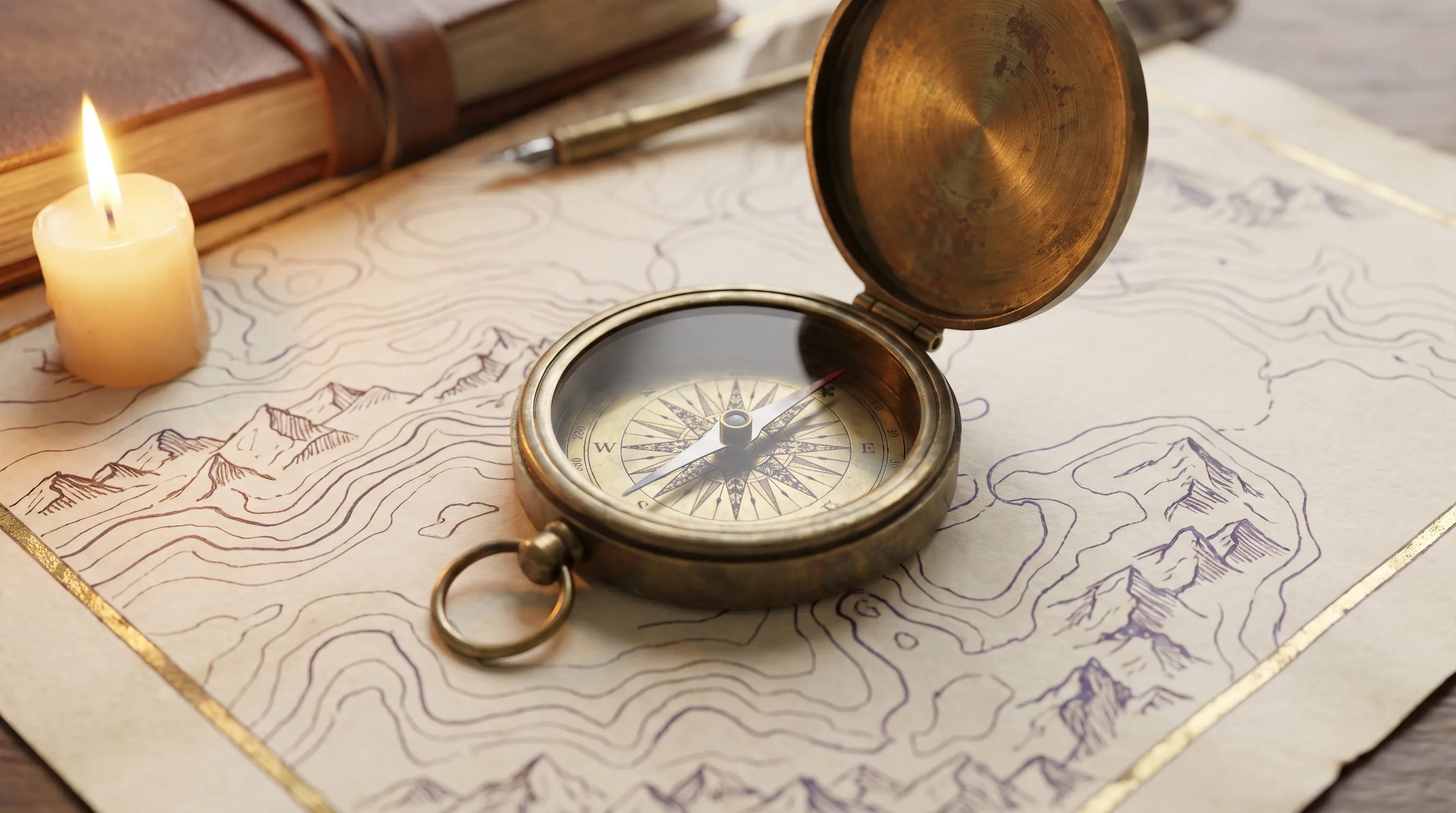 Antique brass compass on a hand-drawn topographic map &mdash; Althura Compass, One Althura Malaysia.