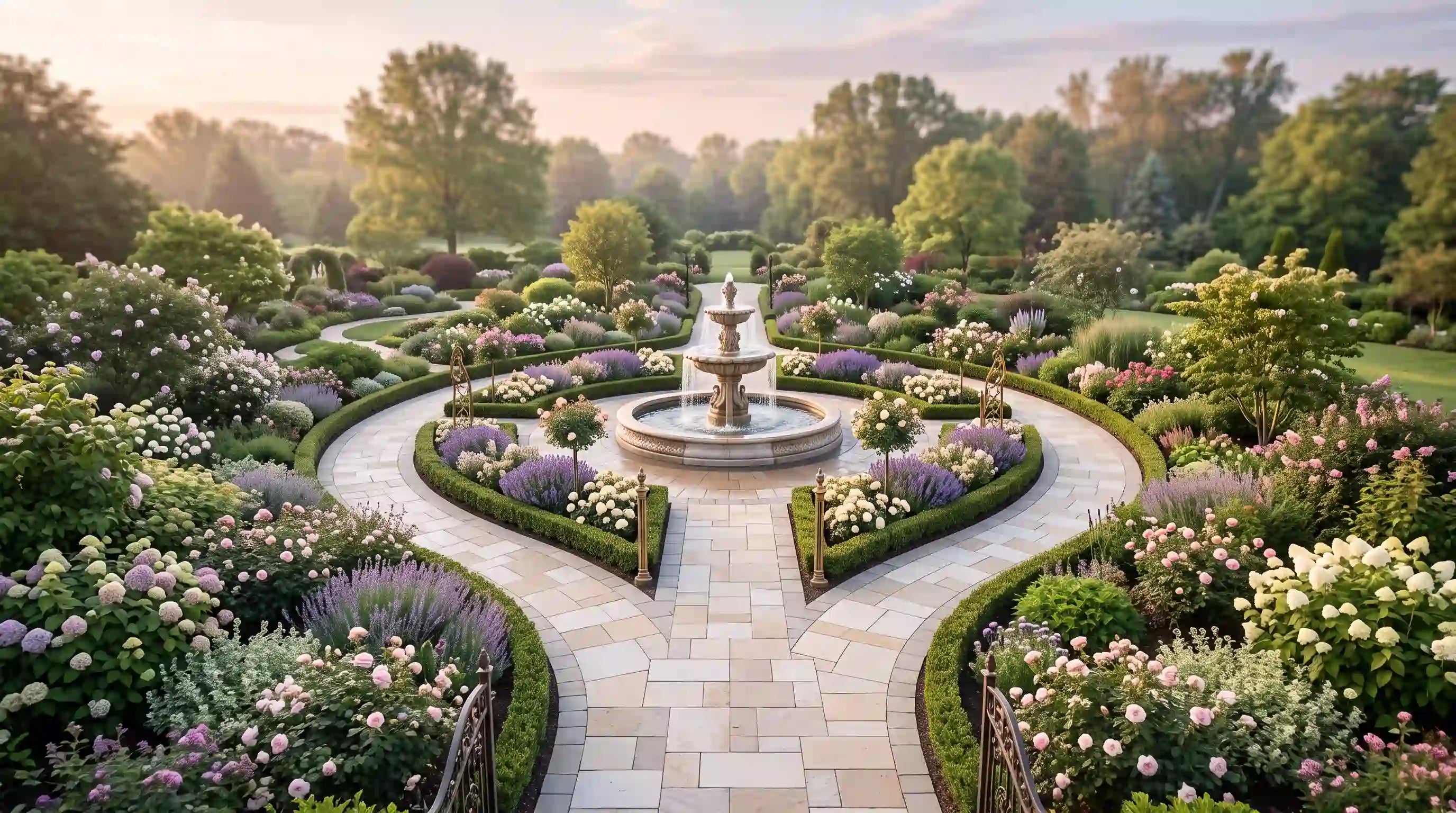 Two garden paths curving toward a single meeting point &mdash; Path Lines, One Althura Malaysia.