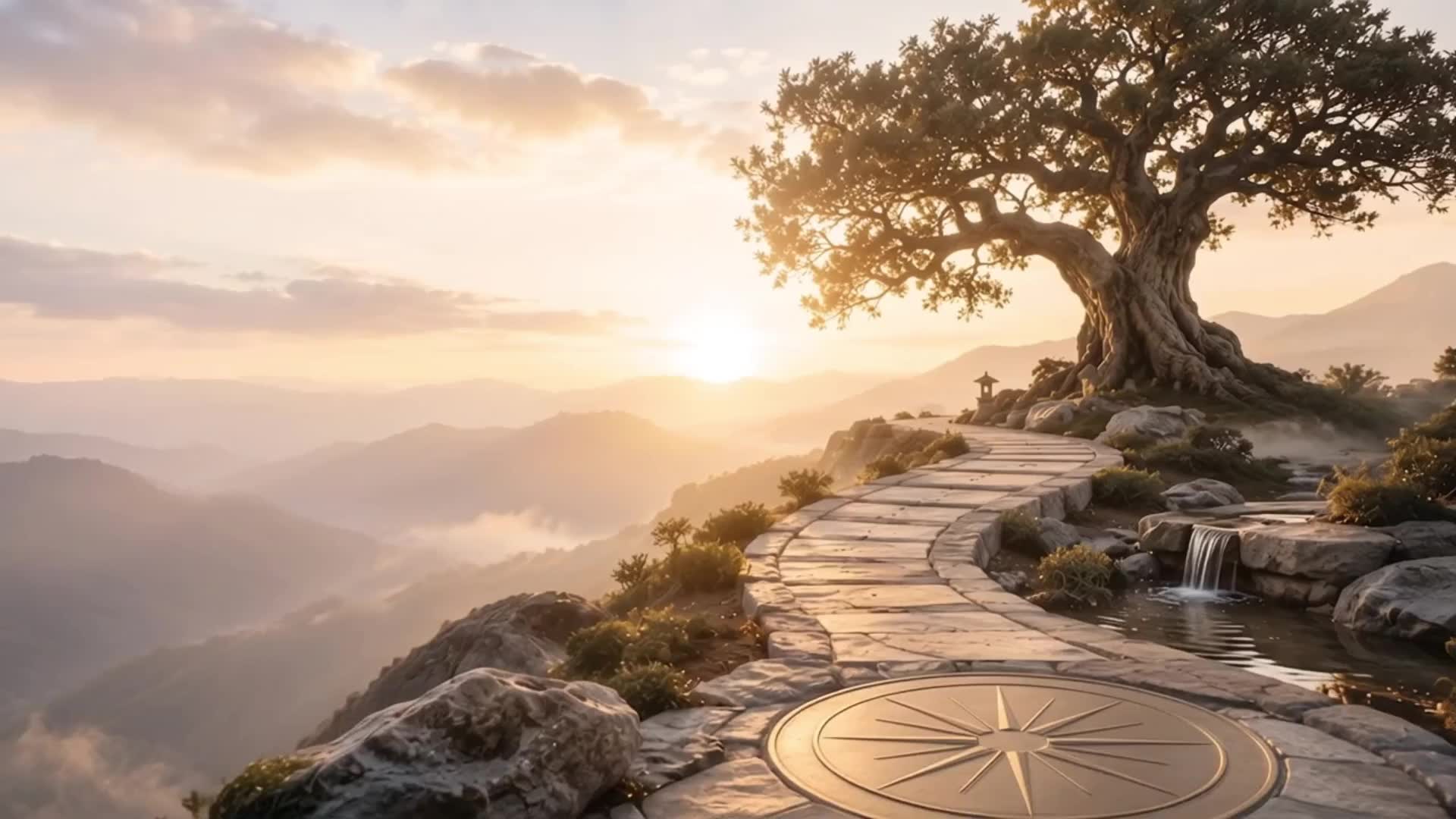 A stone path curving toward an ancient tree at sunrise — One Althura Malaysia