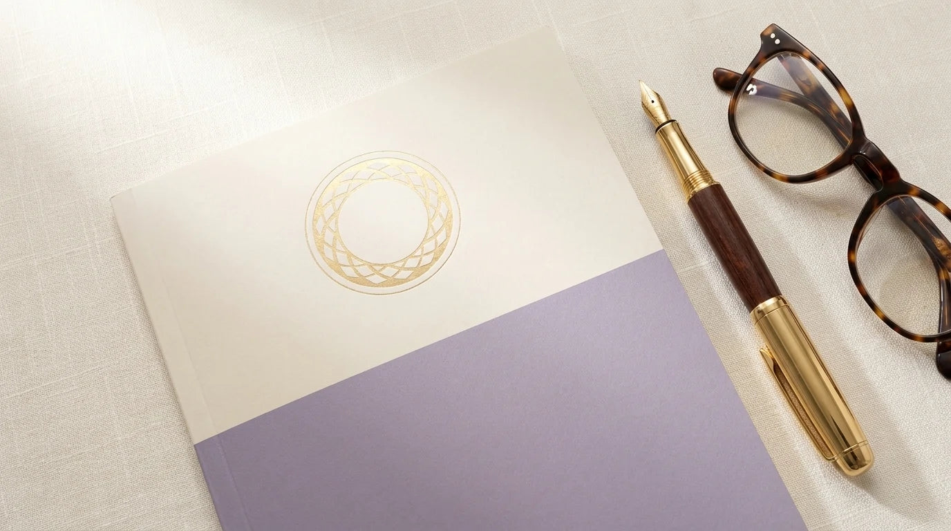 Consultation report with a gold-foil compass emblem on ivory linen &mdash; Althura Compass, One Althura Malaysia.